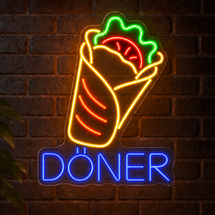 Neón LED Döner en Wrap con letras en Azul Eléctrico