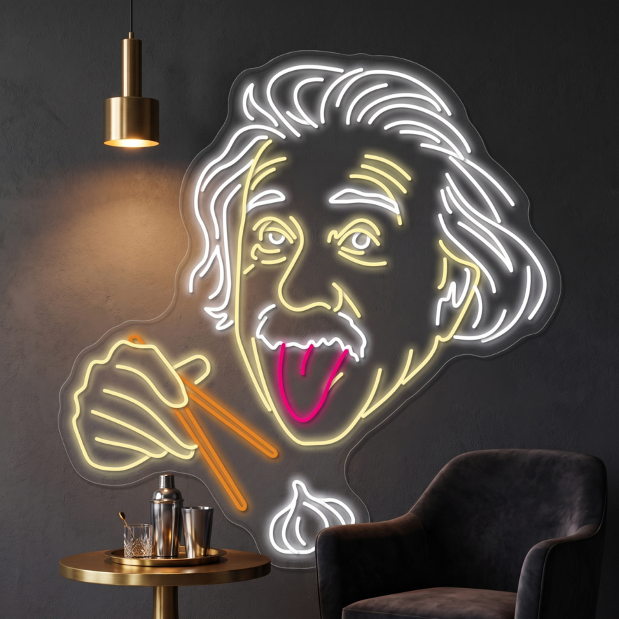 El cuadro de neón representa una caricatura de Albert Einstein con unos palillos y una bola de masa, junto a una silla moderna, una mesa y una lámpara colgante.