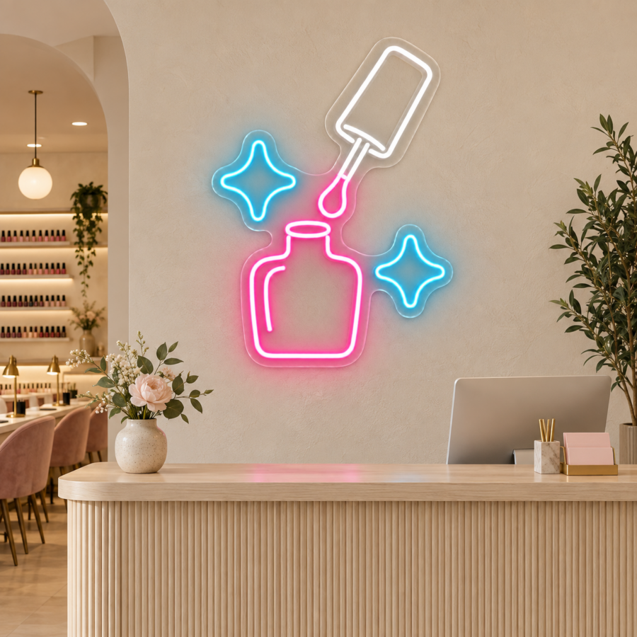 Neón LED Esmalte y Brillo sobre un mostrador de manicura con pared crema