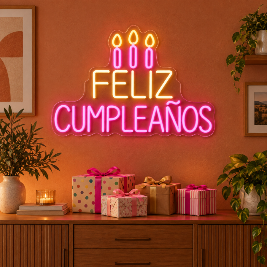 Neón LED Feliz Cumpleaños sobre un aparador con regalos y pared terracota