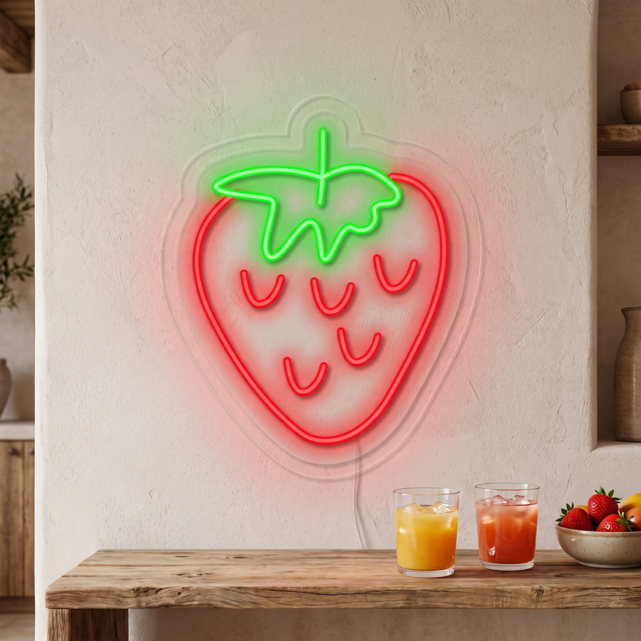 Hay un letrero de neón con forma de fresa colgado en una pared de color beige, encima de una mesa de madera en la que hay dos vasos de zumo y un cuenco de fresas.