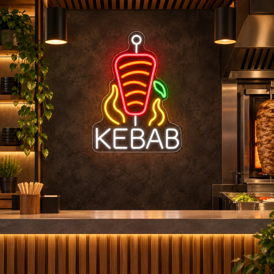 Neón LED Kebab sobre el mostrador de un restaurante