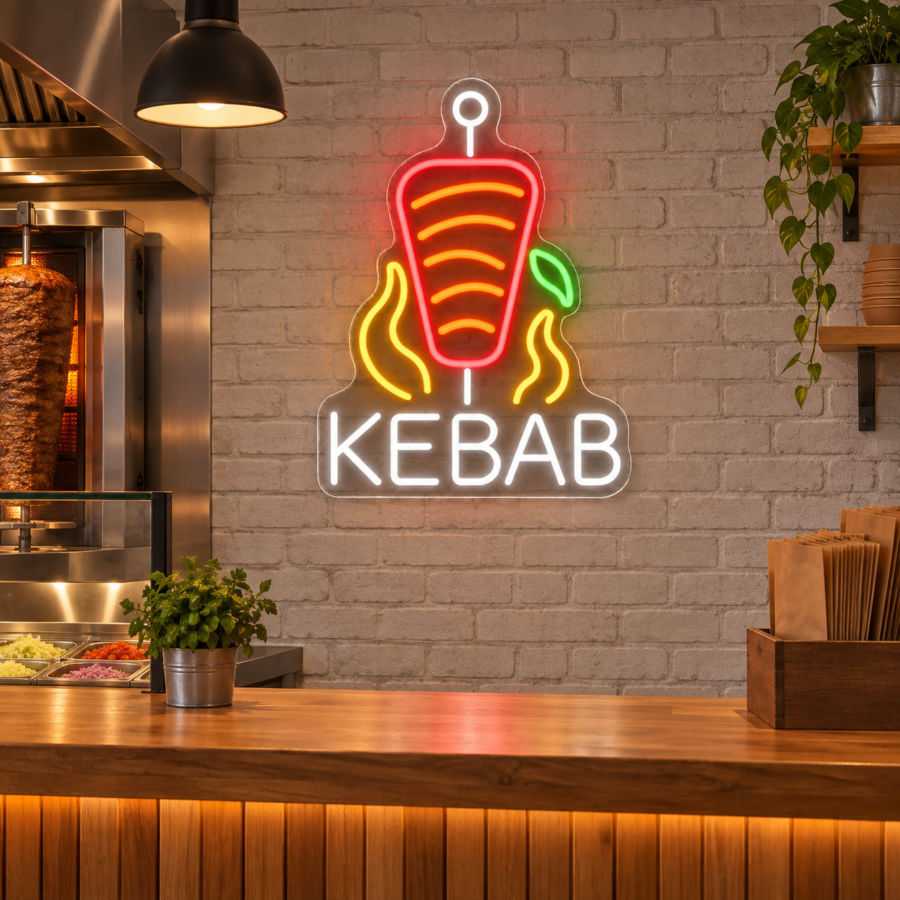 Neón LED Kebab en una zona de recogida con pared de ladrillo claro