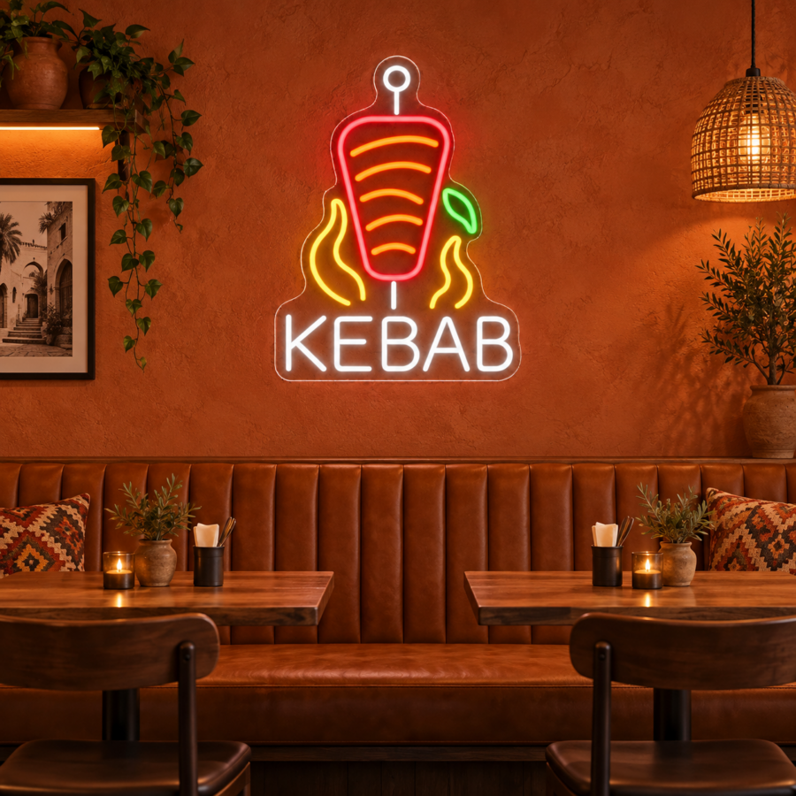 Neón LED Kebab en un comedor con pared terracota y bancos