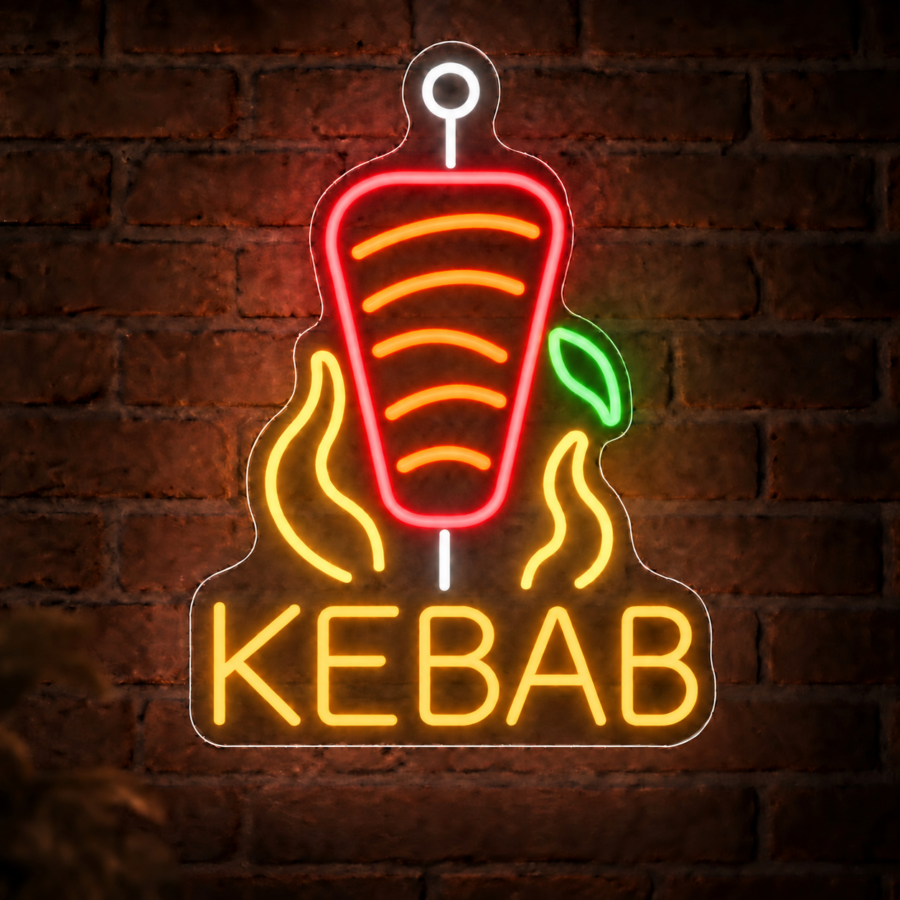 Neón LED Kebab Asador con letras en Amarillo Dorado
