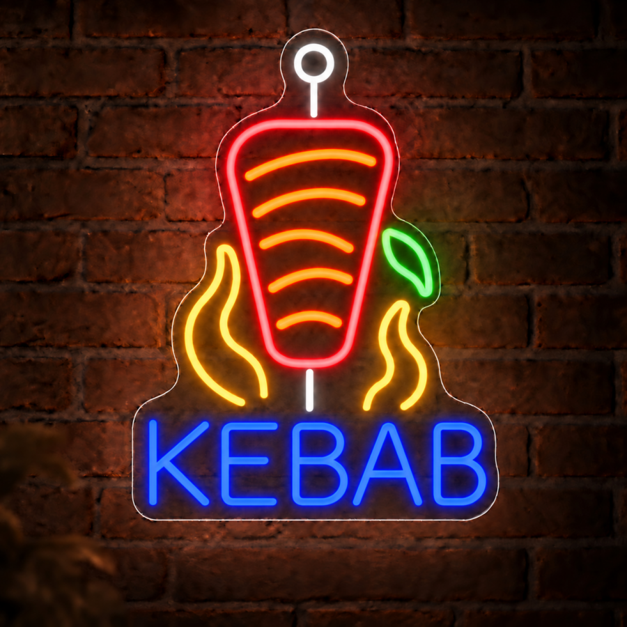 Neón LED Kebab Asador con letras en Azul Eléctrico