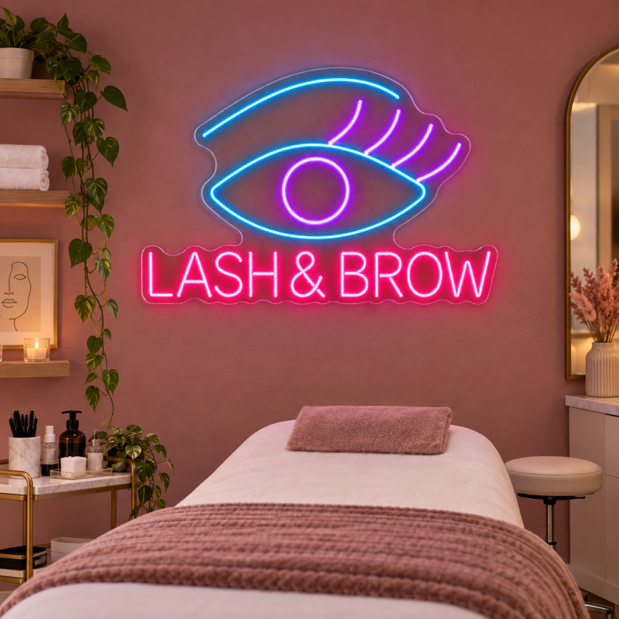 Neón LED Lash & Brow junto a una camilla de tratamiento con pared rosa