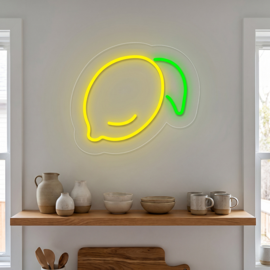De una pared, encima de una estantería de madera en la que hay vasijas de cerámica y tazas, cuelga un letrero de neón con forma de limón y una hoja verde.