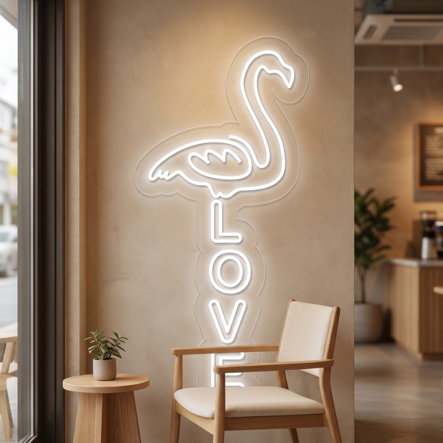 En una cafetería moderna, sobre una pared beige, junto a una silla de madera y una mesita con una planta en maceta, hay un letrero de neón con la palabra «LOVE» debajo.