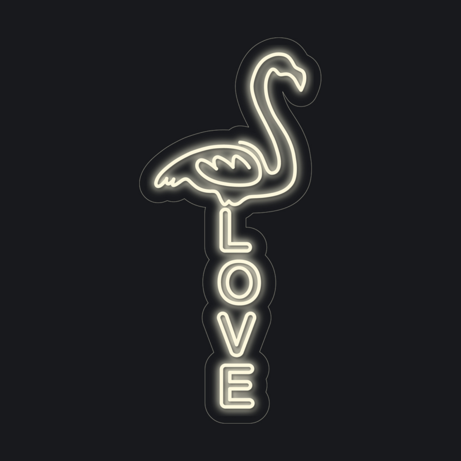 Silueta de neón de un flamenco sobre la palabra «LOVE» en mayúsculas, todo ello resplandeciente sobre un fondo oscuro.