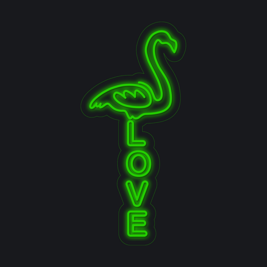 La silueta de un flamenco en neón verde destaca sobre la palabra «LOVE», dispuesta verticalmente con letras de neón a juego, todo ello sobre un fondo oscuro.