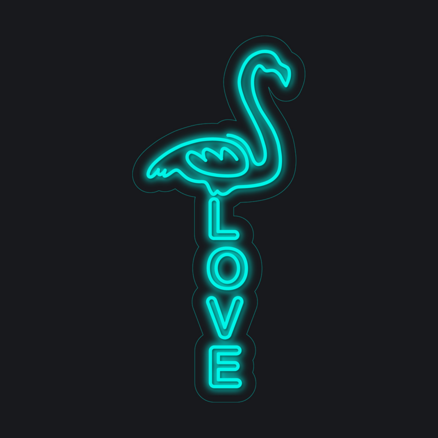 Contorno en azul neón de un flamenco sobre la palabra «LOVE», escrita verticalmente, todo ello sobre un fondo negro.