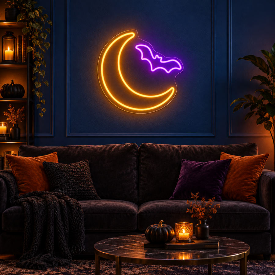 Neón LED de luna y murciélago sobre un sofá en un salón de Halloween
