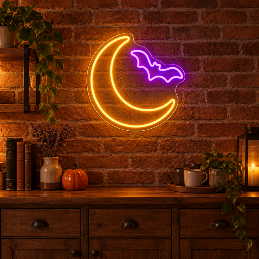 Neón LED de luna y murciélago sobre un aparador con pared de ladrillo