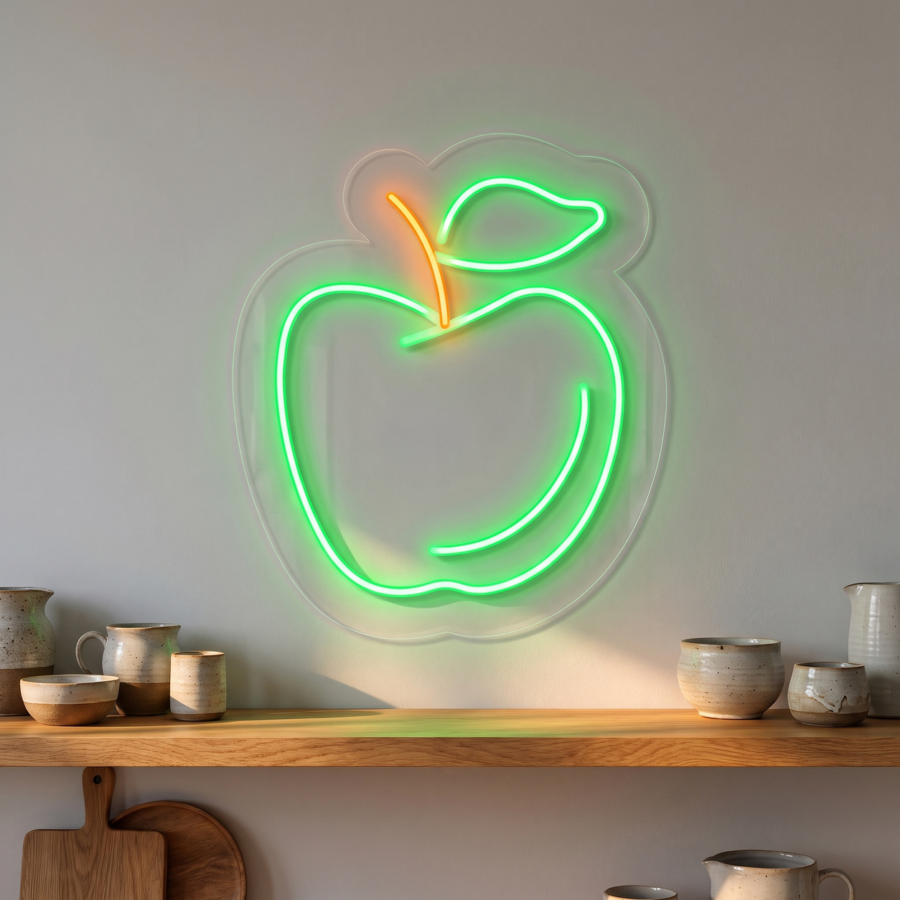 Un letrero de neón con forma de manzana cuelga de una pared gris, sobre una estantería de madera llena de cuencos y jarras de cerámica.