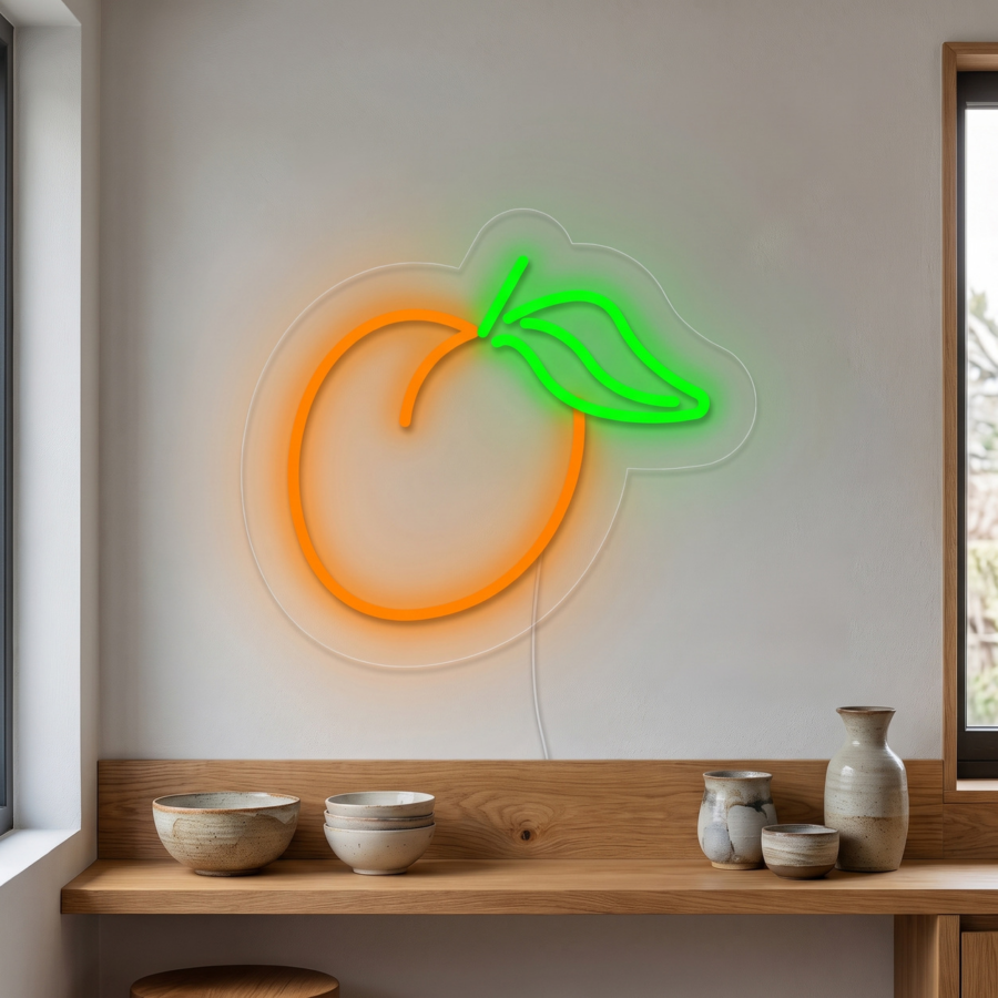 Sobre una estantería de madera, en la que se apilan cuencos y jarrones de cerámica, cuelga un cuadro de neón que representa un melocotón naranja con una hoja verde, en una habitación minimalista con luz natural.