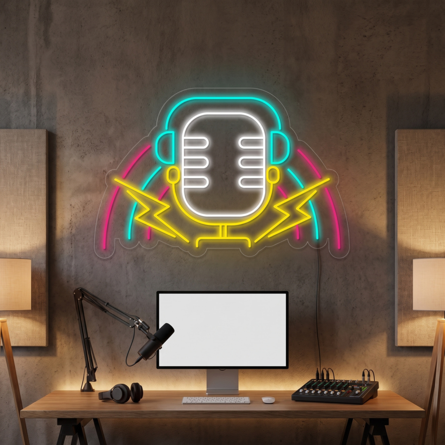 Un equipo de grabación de podcasts compuesto por un escritorio, un micrófono, una mesa de mezclas y un letrero de neón con la forma de un micrófono, unos auriculares y unos rayos en la pared.