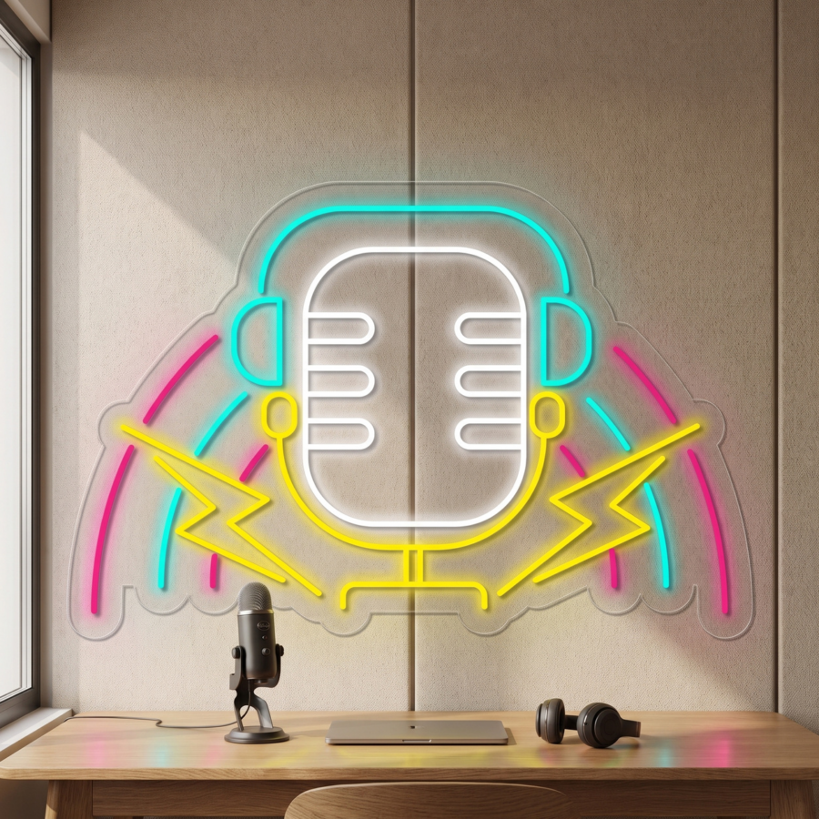 En una habitación moderna y luminosa, hay un escritorio con un micrófono, unos auriculares y un ordenador portátil, situado debajo de un letrero de neón en la pared que representa un micrófono con rayos.