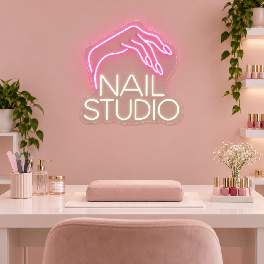 Neón LED Nail Studio sobre una mesa de manicura con pared rosa