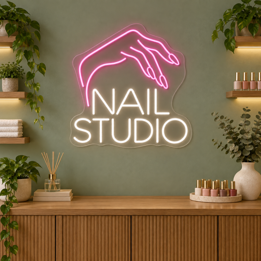 Neón LED Nail Studio sobre una consola de madera con pared verde salvia