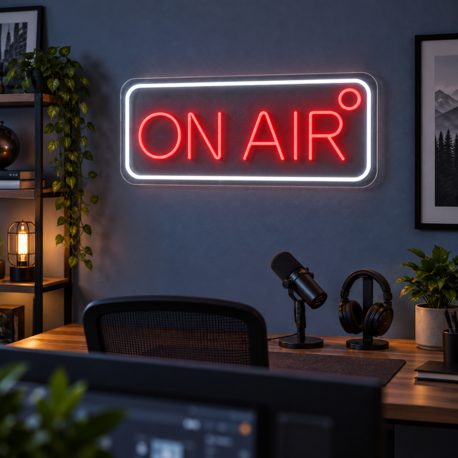 Neón LED ON AIR en escritorio de streaming