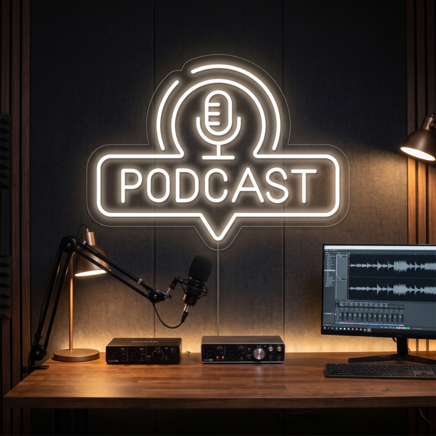 Estudio de grabación de podcasts con un letrero de neón que dice «PODCAST», un micrófono montado en un brazo articulado, una interfaz de audio, un monitor de ordenador en el que se ve un programa de edición de audio y una lámpara de escritorio sobre una mesa de madera.