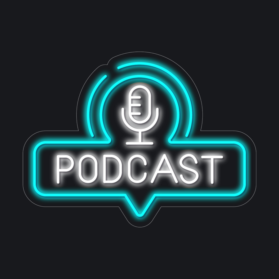Ilustración de un letrero de neón con un micrófono sobre la palabra «PODCAST», escrita en letras gruesas y luminosas sobre un fondo oscuro.