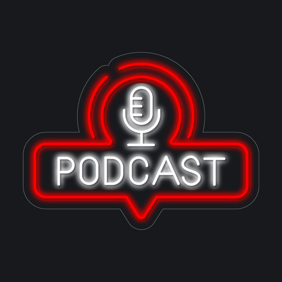 Letrero de estilo neón con un icono de micrófono sobre la palabra «PODCAST», en rojo brillante y blanco sobre un fondo oscuro.