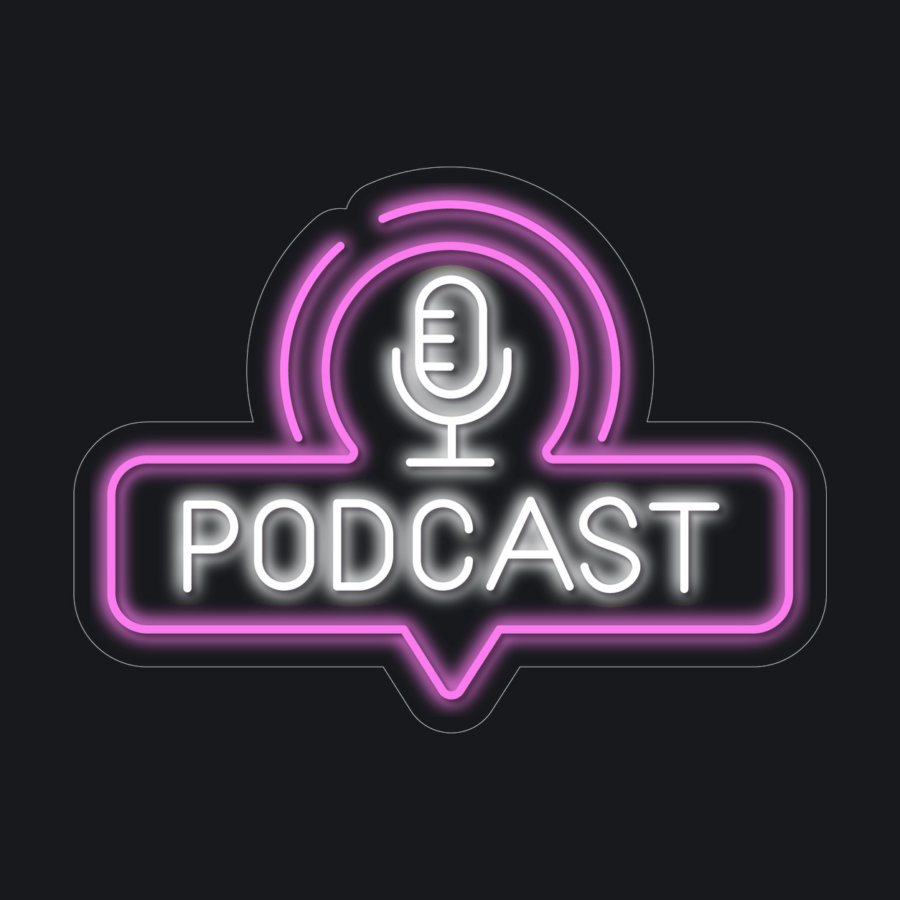 Ilustración de un letrero de neón en la que aparece un micrófono sobre la palabra «PODCAST», en rosa brillante y blanco sobre un fondo oscuro.