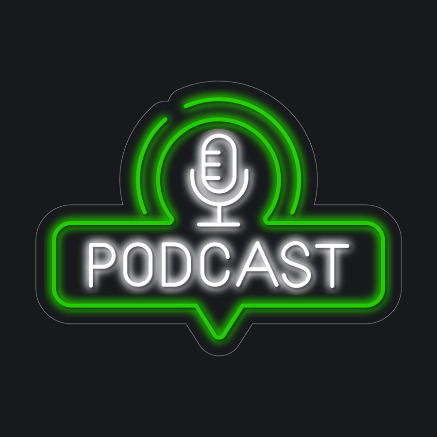 Un gráfico de estilo neón muestra un icono de micrófono sobre la palabra «PODCAST», escrita en negrita con texto blanco y verde contorneado sobre un fondo oscuro.