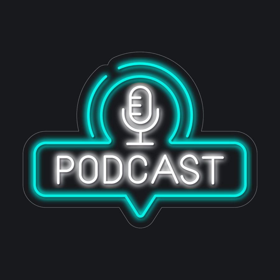 Ilustración de un letrero de neón con un micrófono sobre la palabra «PODCAST» en un fondo oscuro, con contornos luminosos azules y blancos.