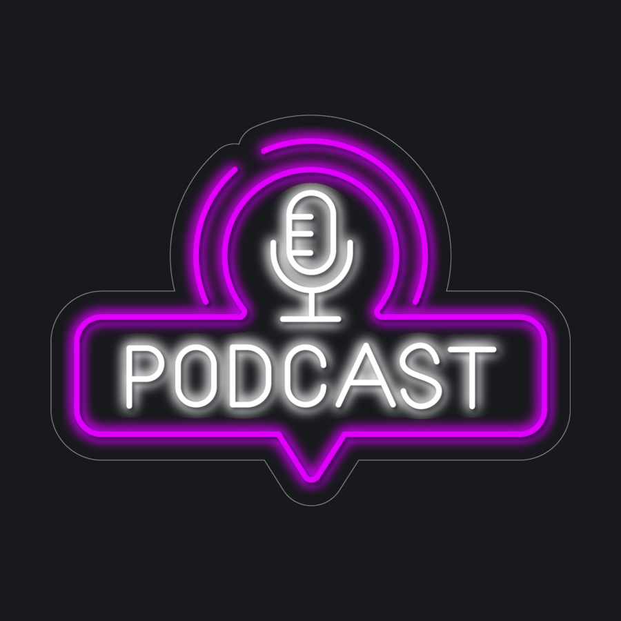 Un letrero de neón con el símbolo de un micrófono sobre la palabra «PODCAST», en colores morado brillante y blanco sobre un fondo oscuro.