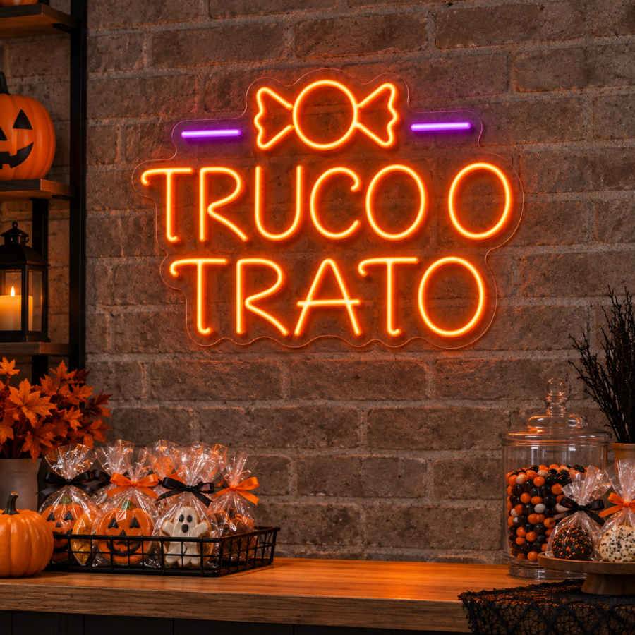 Neón LED Truco o Trato en un mostrador de dulces de Halloween