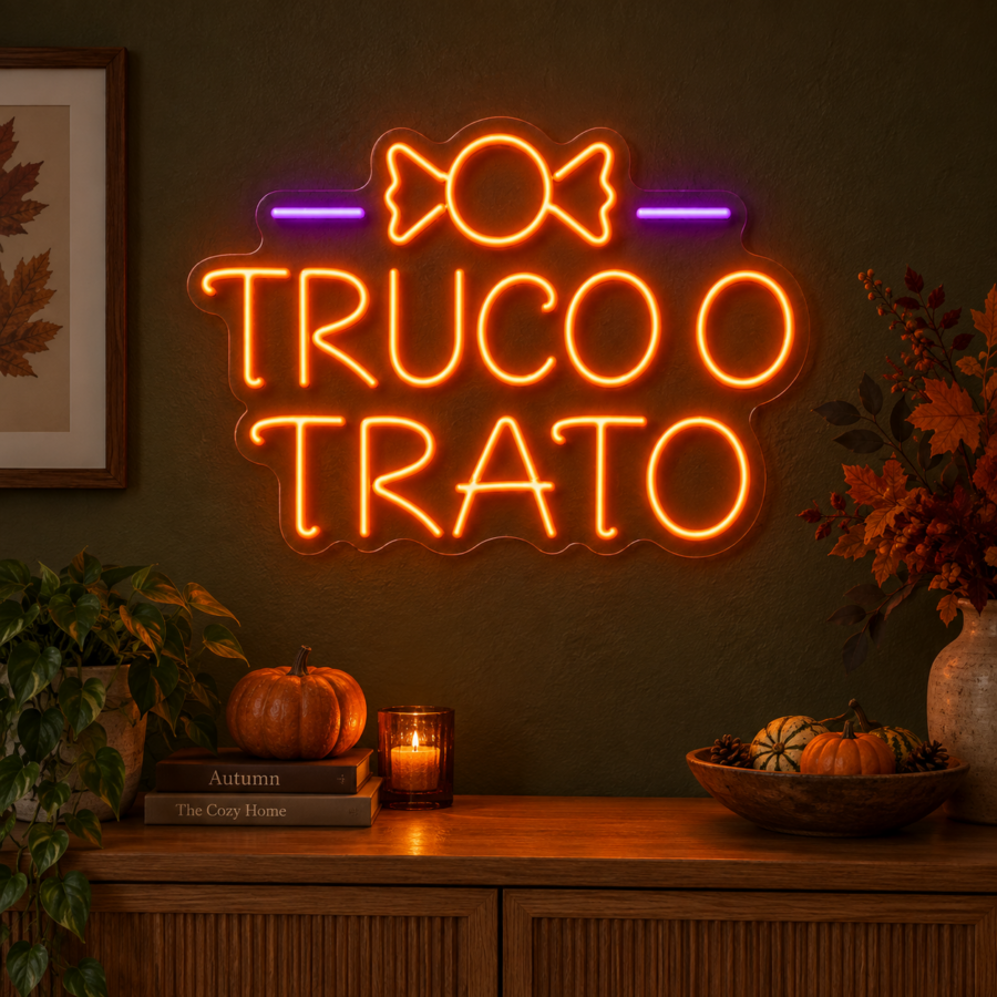 Neón LED Truco o Trato sobre una consola en casa para Halloween
