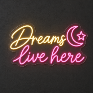 Dreams live here – Letrero LED de neón — Blanco cálido / Rosa palo