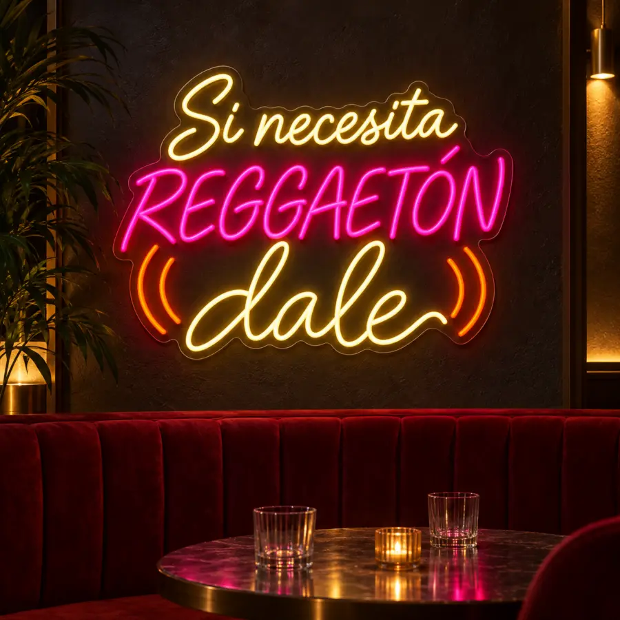 Simulación de Si necesita reggaetón dale en neón LED en un bar