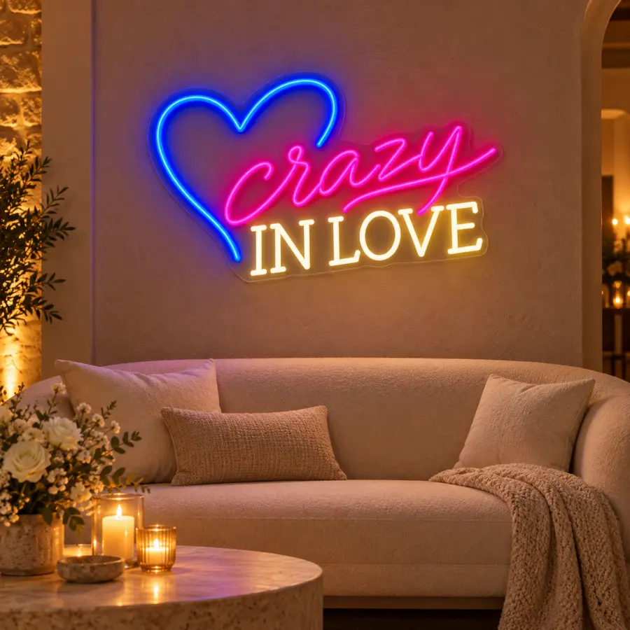 Simulación de Crazy in Love en neón LED en una boda