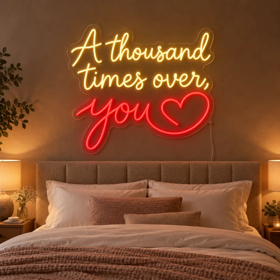Montaje del rótulo LED neón «A thousand times over, you» en dormitorio romántico con cabecero tapizado y ropa de cama en marfil
