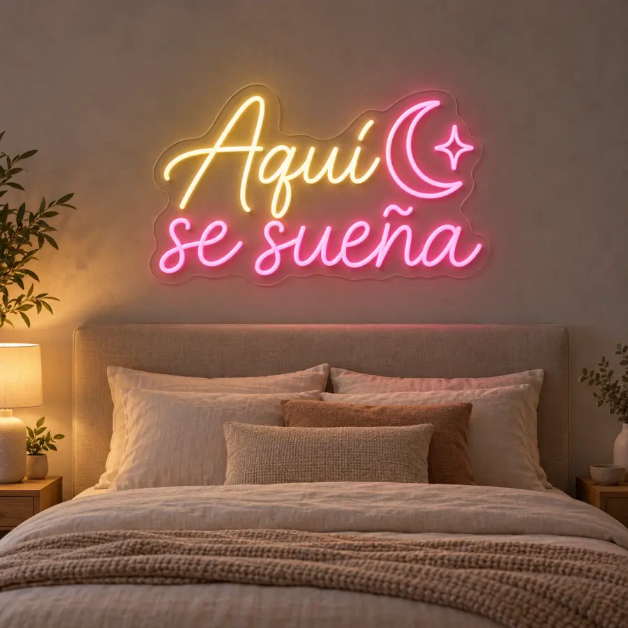 Simulación de Aquí se sueña en neón LED en un dormitorio