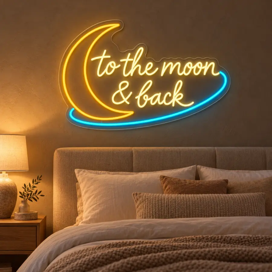 Simulación de To the Moon & Back en neón LED en un dormitorio