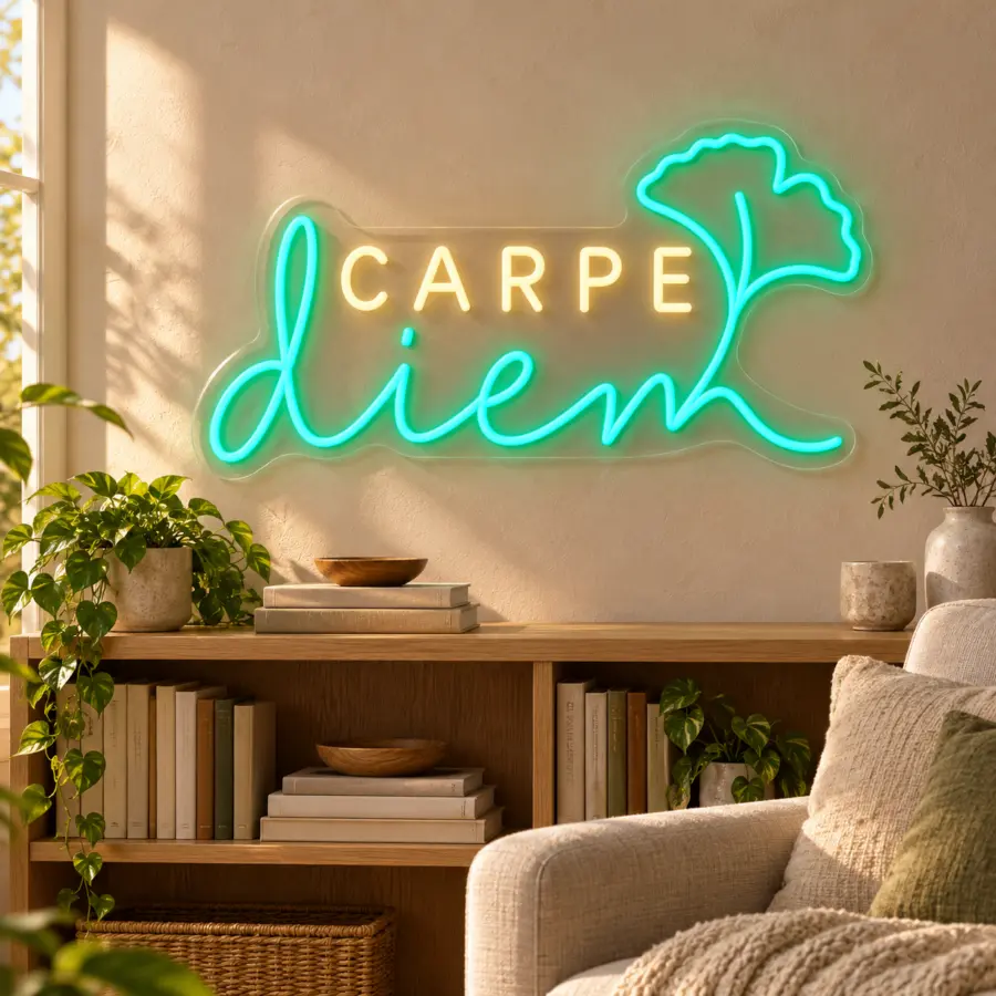 Simulación de Carpe Diem en neón LED en un rincón de lectura