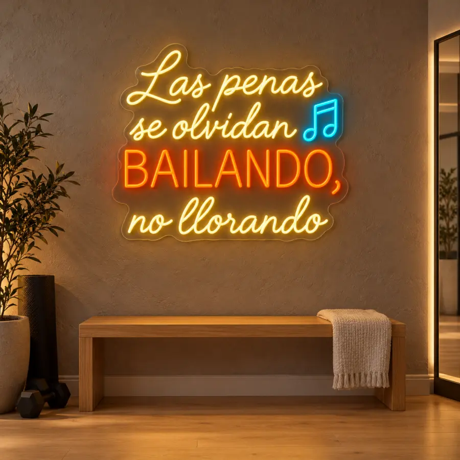 Simulación de Las penas se olvidan bailando en neón LED en una sala de baile