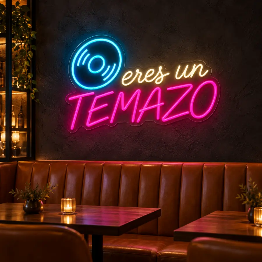 Simulación de Eres un temazo en neón LED en un bar
