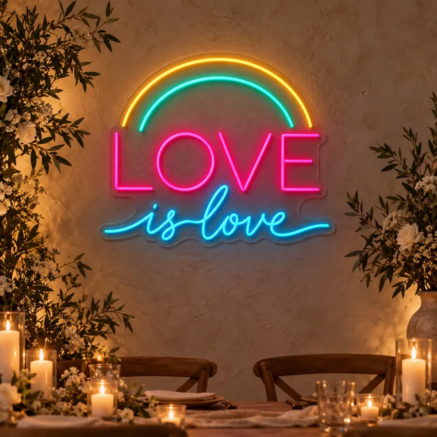 Simulación de Love is Love en neón LED en una boda