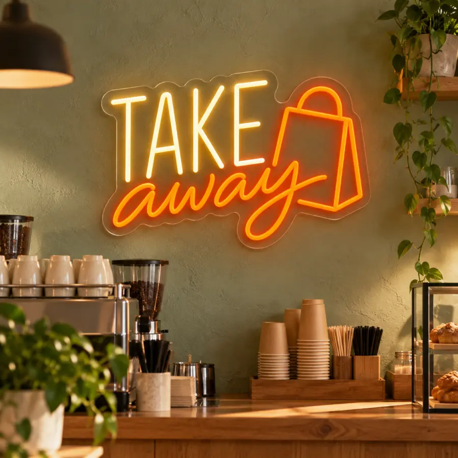Simulación de Take Away en neón LED en una cafetería