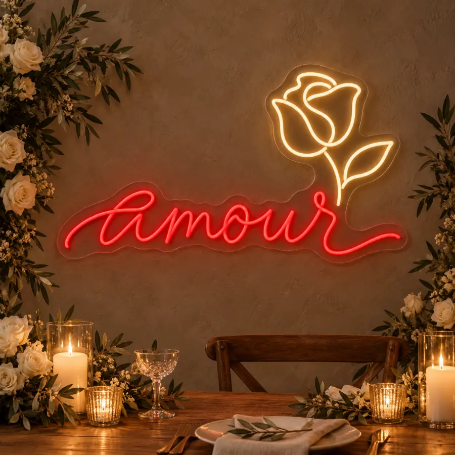 Simulación de Amour en neón LED en una boda
