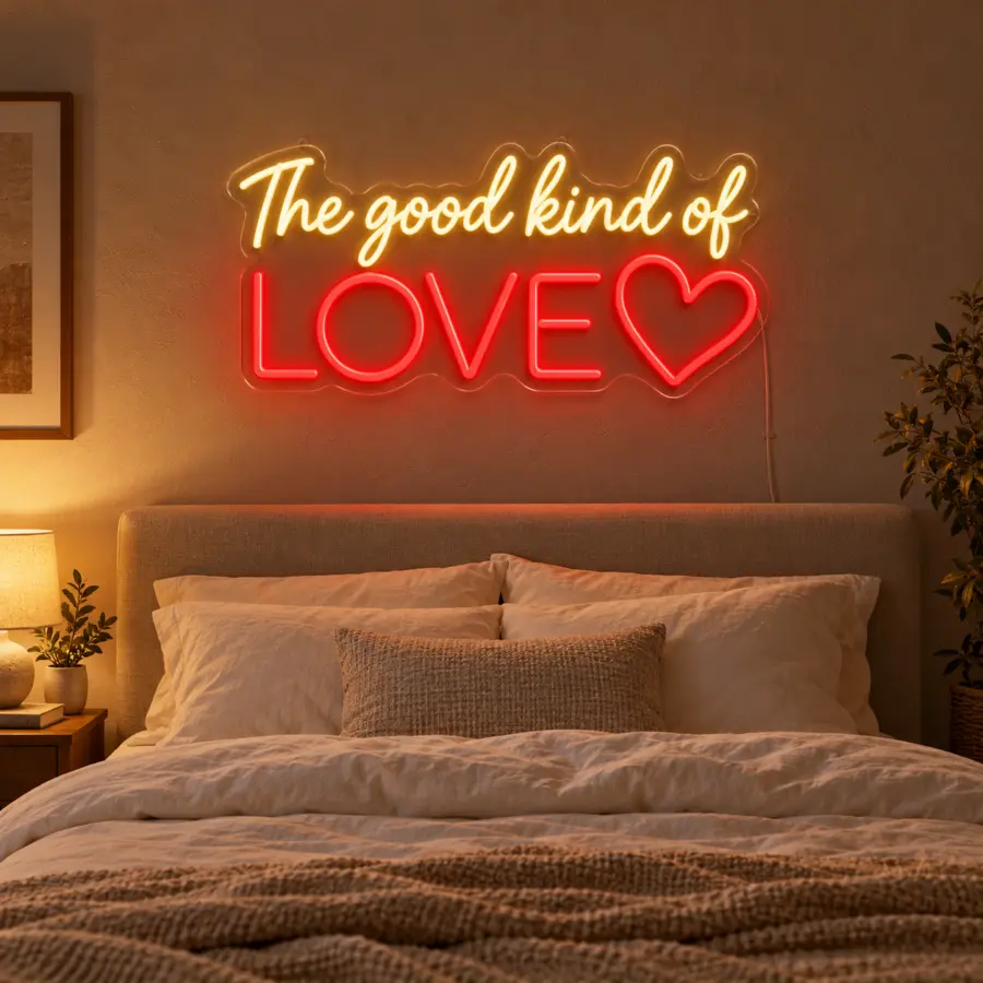 Montaje del letrero de neón LED «The good kind of love» en dormitorio cálido con cabecero tapizado, ropa de cama en crema y lámpara de mesita — visualización ambiental de noche