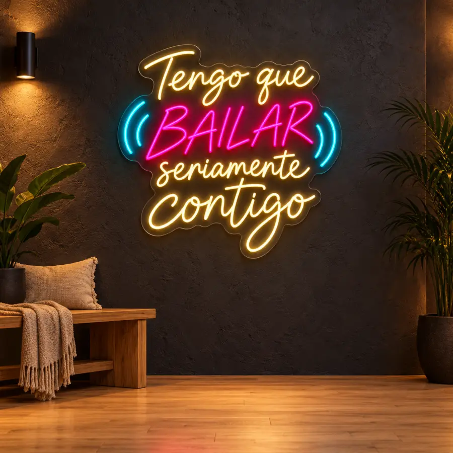 Simulación de Tengo que bailar seriamente contigo en neón LED en una sala de baile
