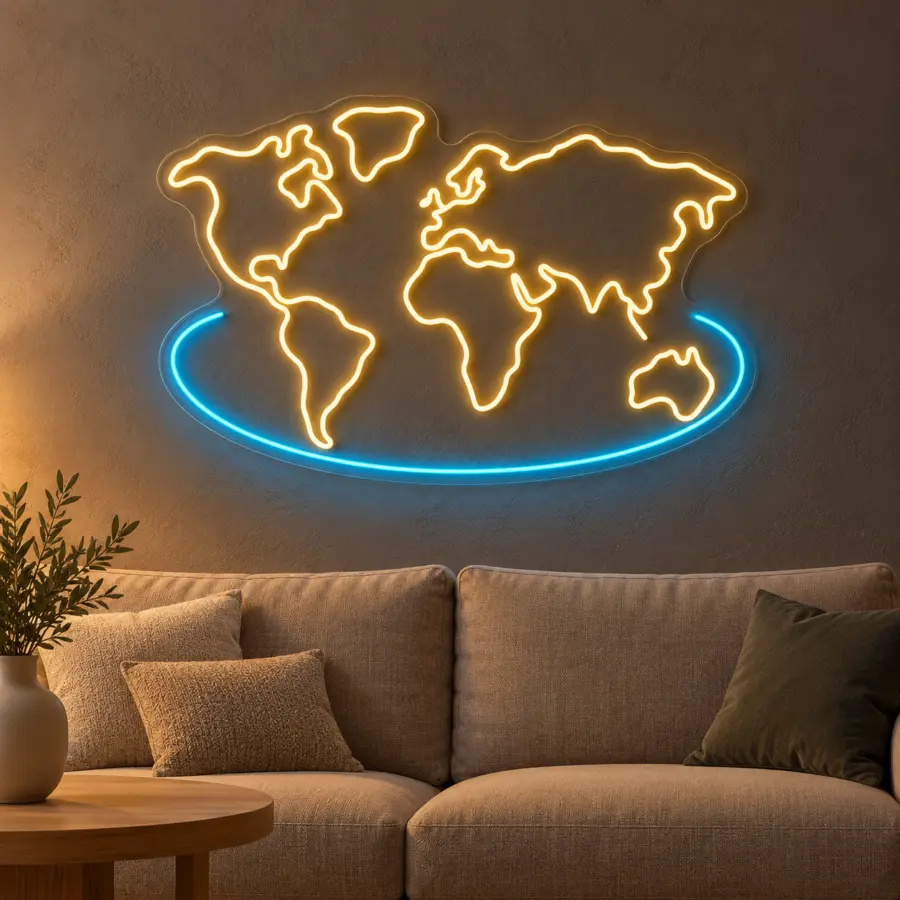 Simulación de World Map en neón LED en un salón