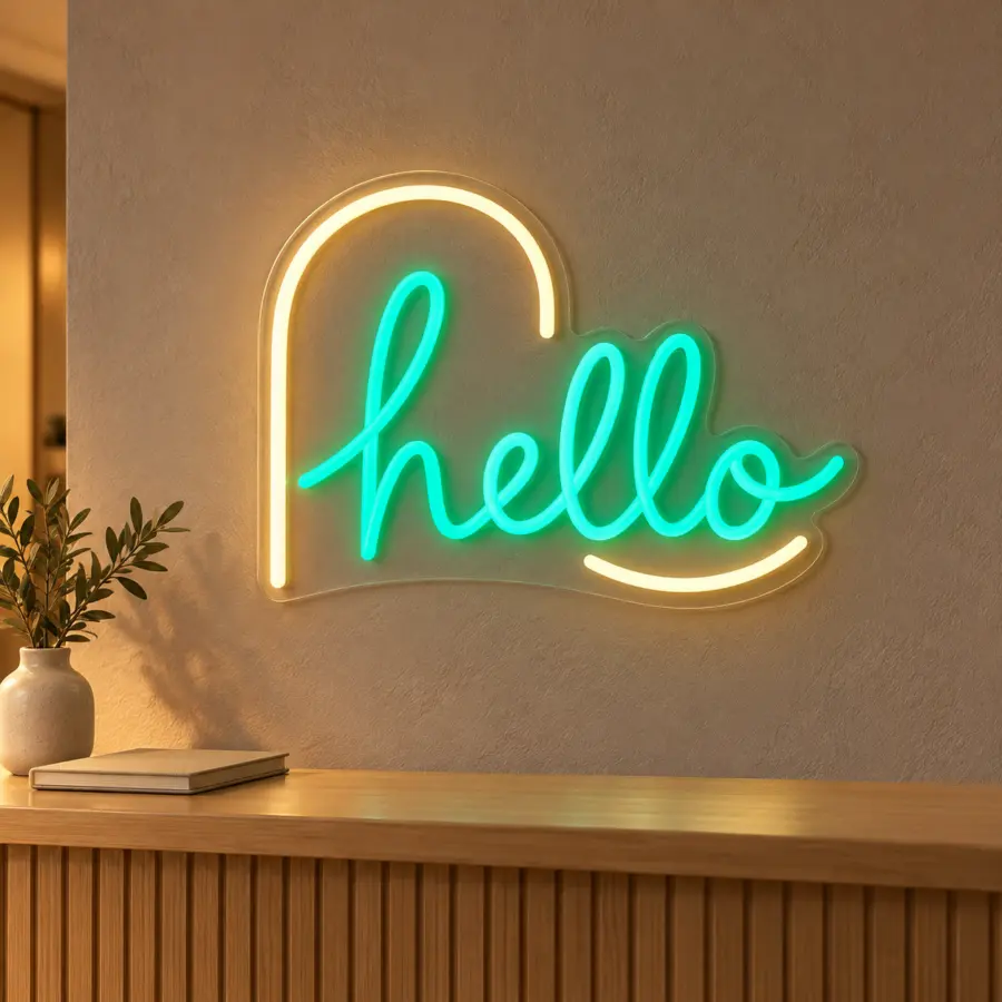 Simulación de Hello en neón LED en una recepción